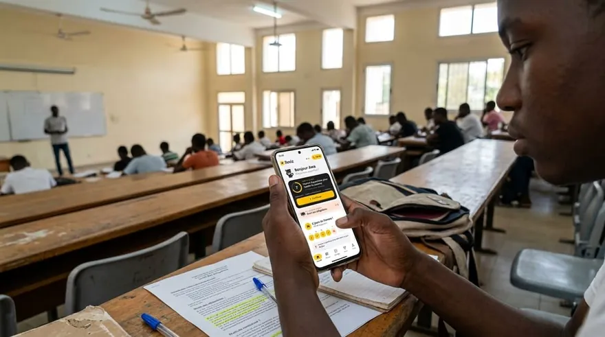 Une étudiante révise sur son téléphone, en amphi